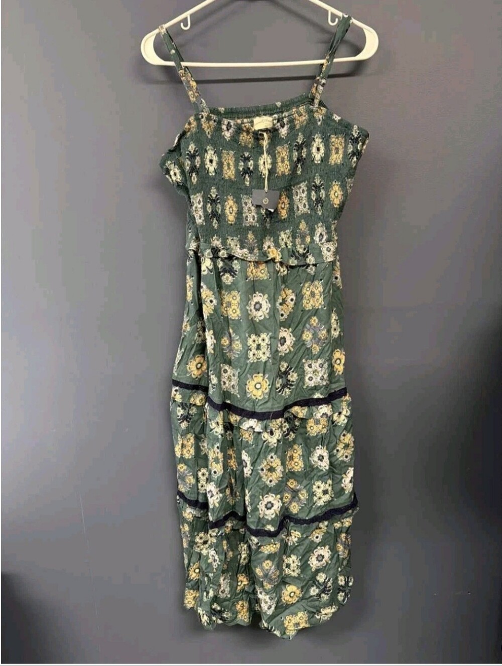 Universal Thread Greenish Torquoise Floral Smocked Maxi/Midi Dress W/blue Trim